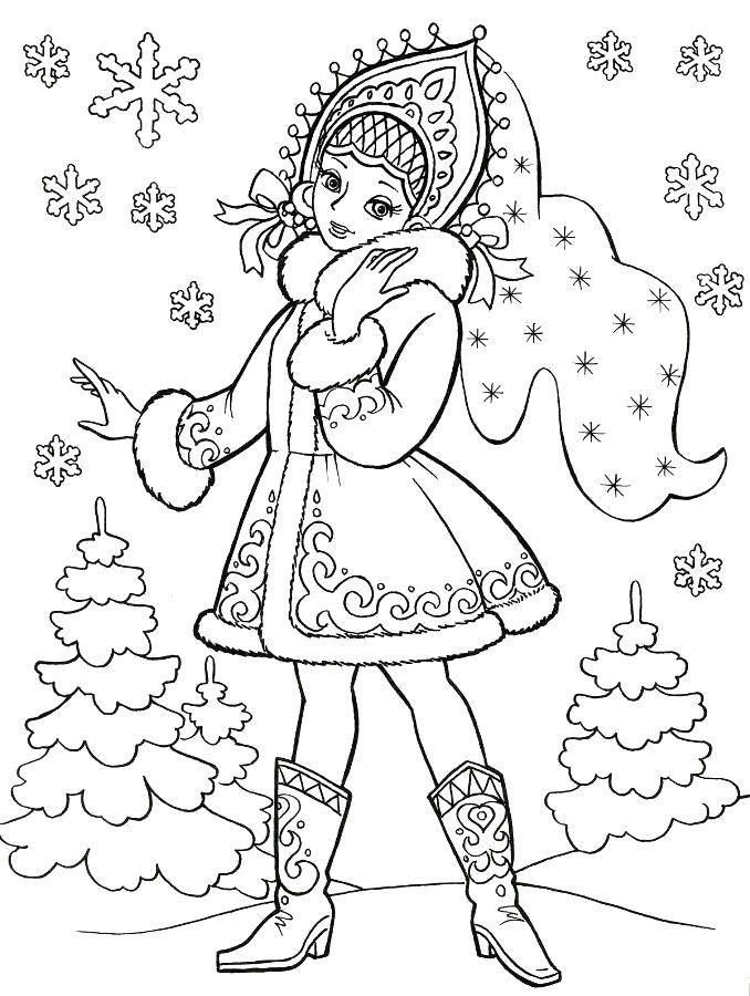 Розмальовки  Снігуронька у красивому вбранні. Завантажити розмальовку Снігуронька, зима, Новий Рік.  Роздрукувати ,снігуронька,