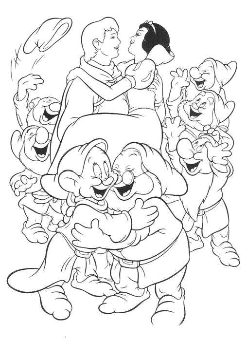 Coloring Snow white with Prince and the 7 dwarfs. Category Cartoon character. Tags:  Disney, Snow white, 7 dwarfs.