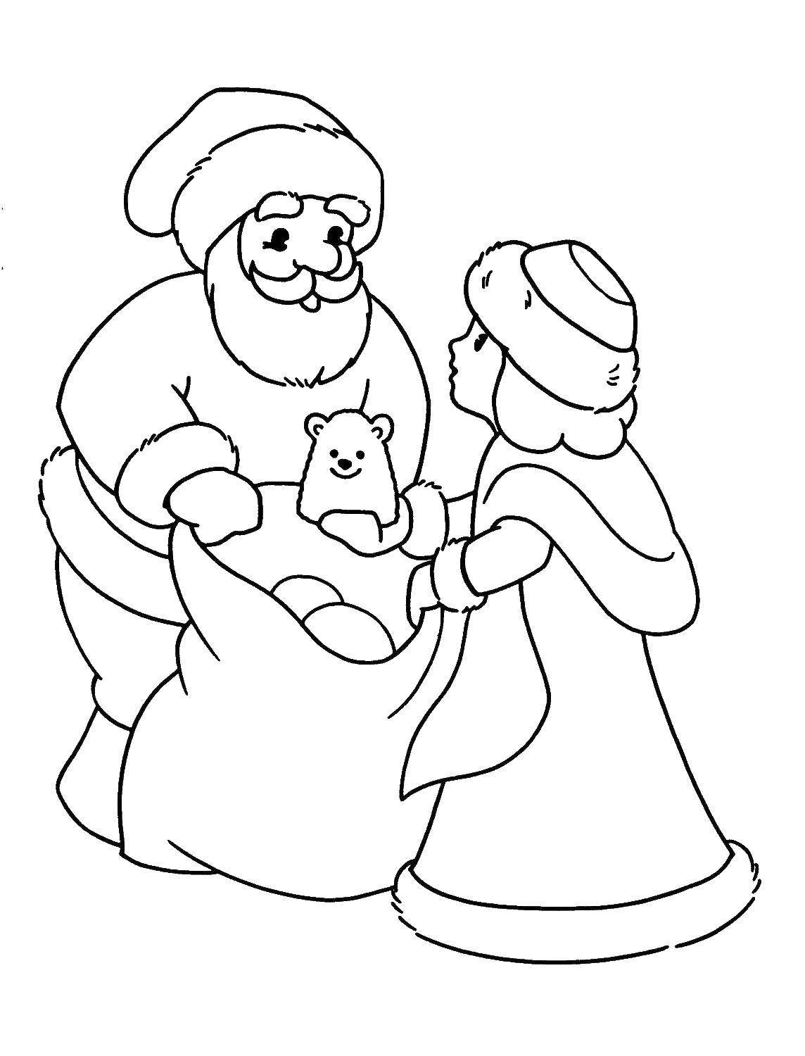 Coloring Santa Claus gets gifts out of the bag. Category Santa Claus. Tags:  New Year, Santa Claus, gifts.
