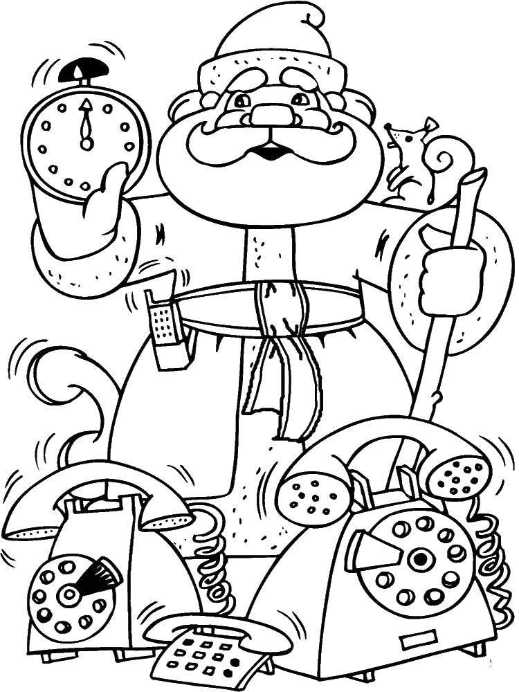 Название: Раскраска Дед мороз и часы. Категория: раскраски. Теги: телефон, часы, дед мороз.