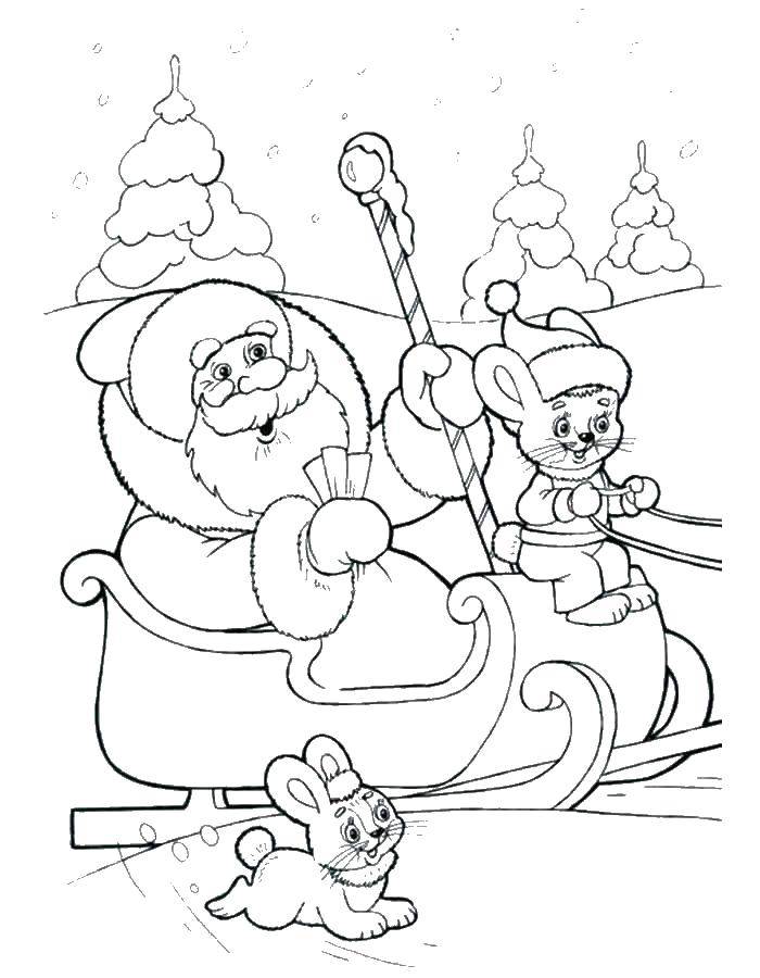 Название: Раскраска Дед мороз и заичики. Категория: Персонажи из сказок. Теги: заичики, дед мороз, сани.