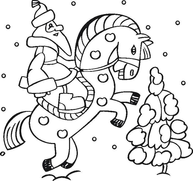 Название: Раскраска Дед мороз на конье. Категория: раскраски. Теги: дед мороз, конь, дерево.