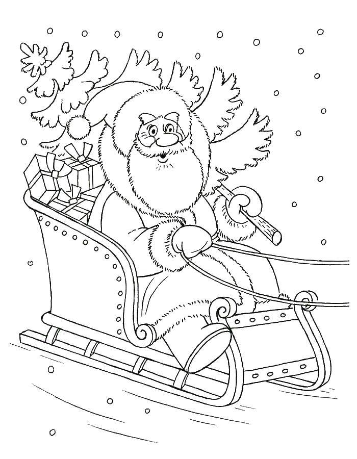 Название: Раскраска Дед мороз на саньях. Категория: Персонаж из мультфильма. Теги: елка, дед мороз, санки.