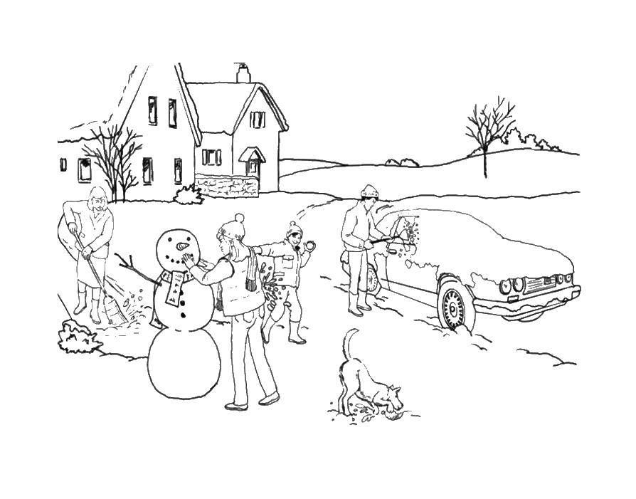 Название: Раскраска Дети играют со снегом. Категория: Люди. Теги: снег, дети.