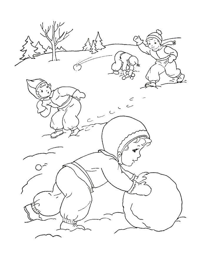 Название: Раскраска Дети лепят снеговика. Категория: люди. Теги: снег, мальчик.