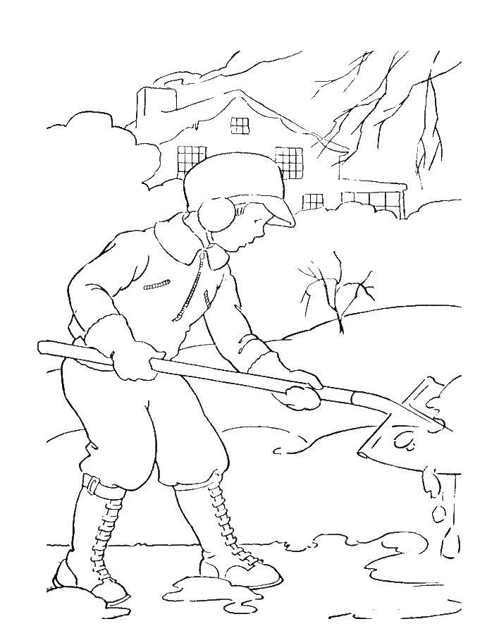 Название: Раскраска Мальчик чистит снег. Категория: Люди. Теги: мальчик, снег.