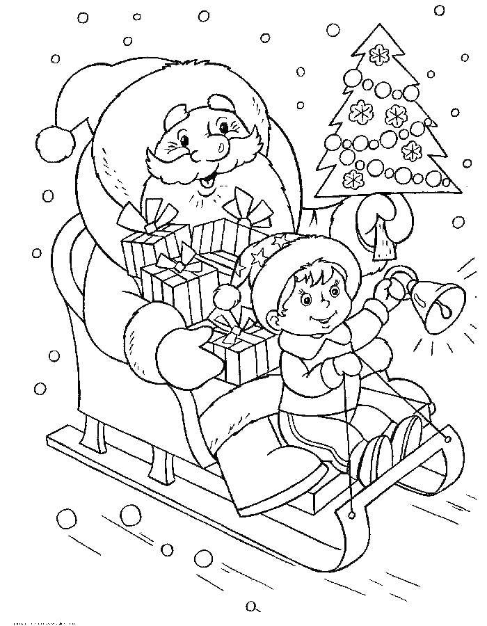 Coloring Boy and Santa Claus. Category Coloring pages for kids. Tags:  sled, Santa Claus, boy.
