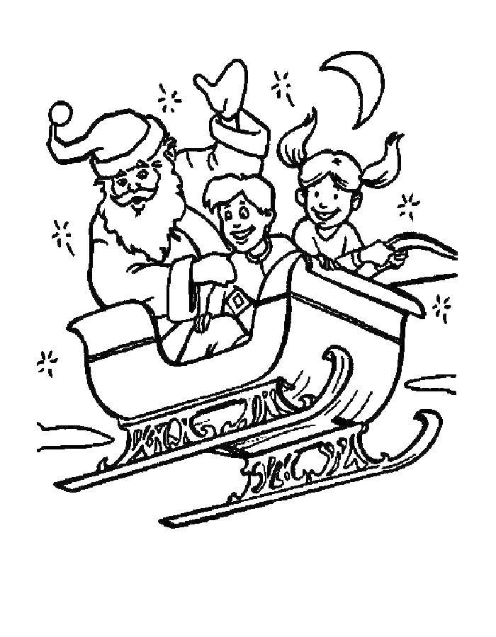 Название: Раскраска Санта клаус и дети. Категория: Персонажи из мультфильма. Теги: санки, дети санта клаус.