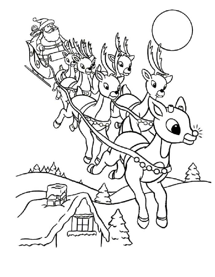 Coloring Santa Claus on sledge with deer. Category Santa Claus. Tags:  New Year, Santa Claus, Santa Claus, gifts.