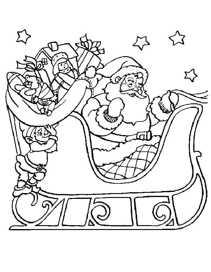 Название: Раскраска Санта клаус с подарками. Категория: Персонаж из мультфильма. Теги: санки, санта клаус, игрушки.