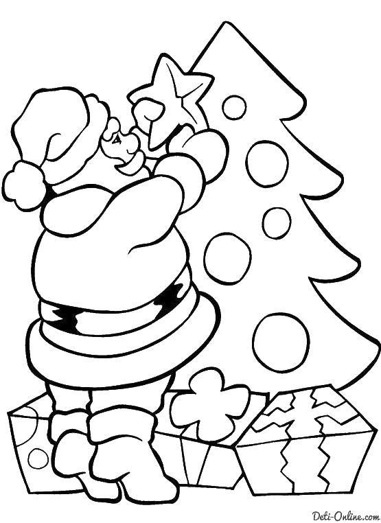 Название: Раскраска Санта клаус украшает елку. Категория: Раскраски для малышей. Теги: елка, подарок, санта клаус.