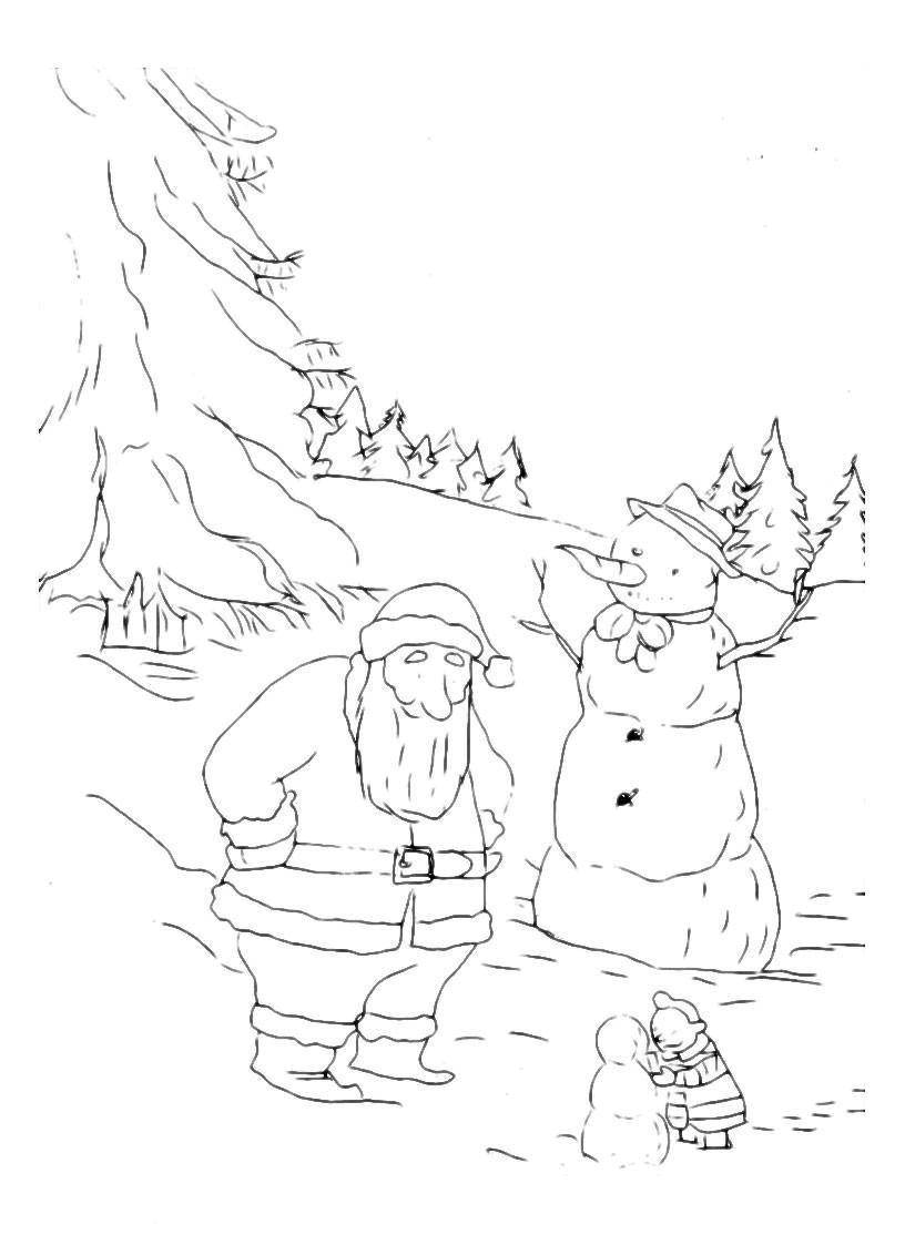 Название: Раскраска Санта клаус в лесу. Категория: раскраски. Теги: санта клаус, снеговик, лес.