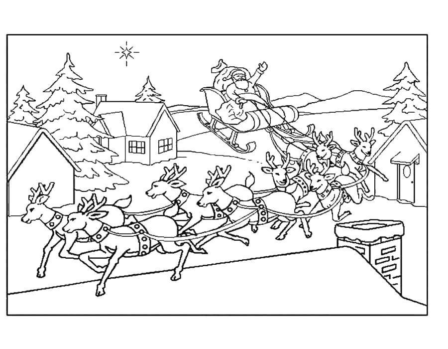Название: Раскраска Санта клаусс оленями. Категория: Персонажи из сказок. Теги: дома, олени, санта клаус.