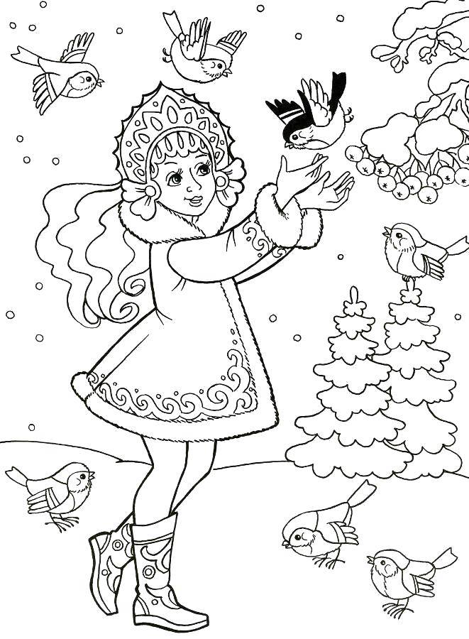 Coloring Snow white and bullfinches. Category maiden. Tags:  Snow maiden, winter, New Year.