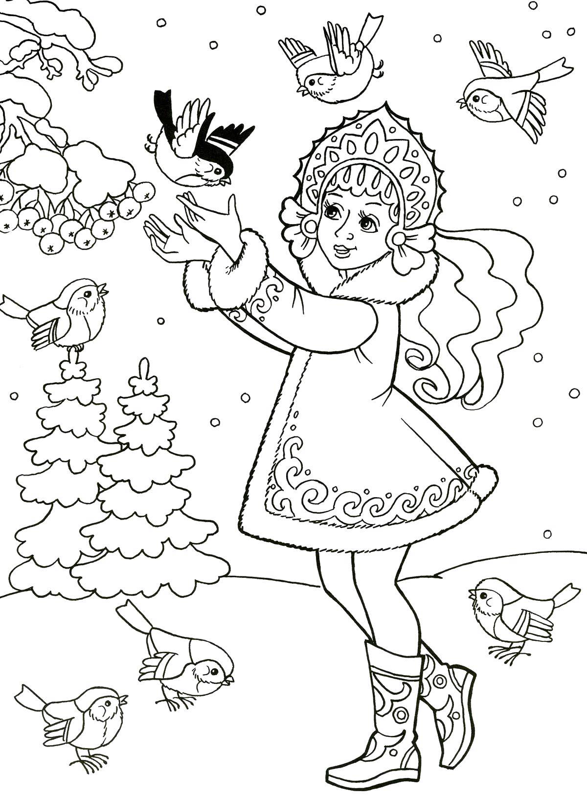 Coloring Snow white and bullfinches. Category maiden. Tags:  Snow maiden, winter, New Year.
