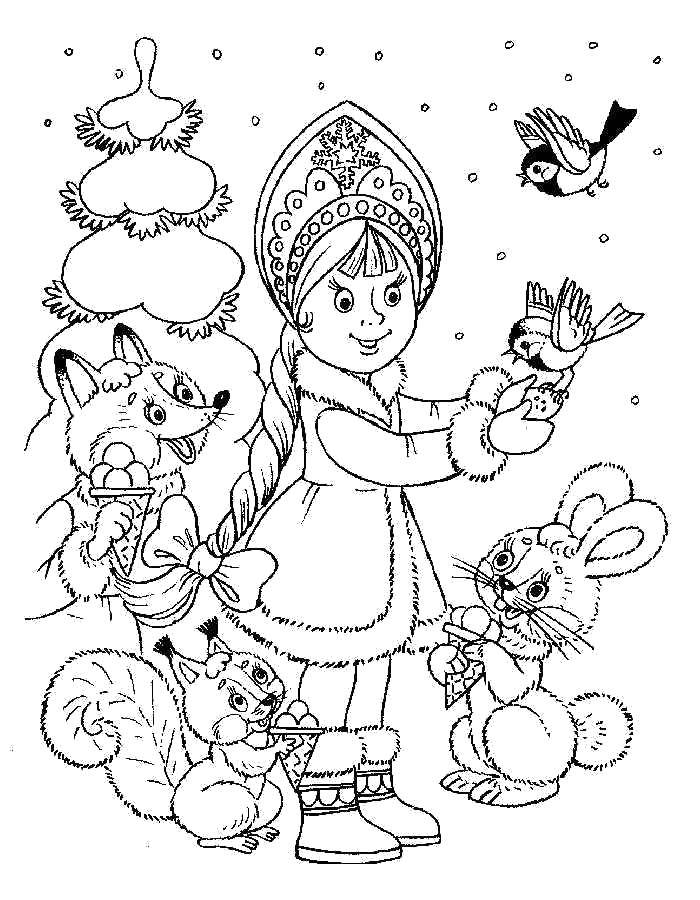 Coloring The snow maiden and animals. Category maiden. Tags:  Snow maiden, winter, New Year, forest.