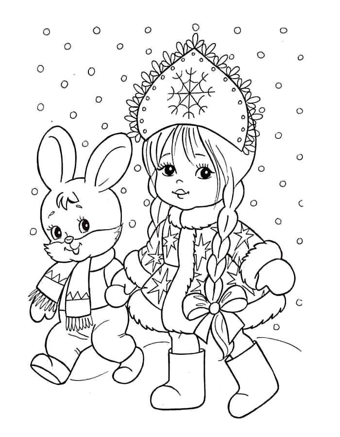 Название: Раскраска Снегурочка  с зайчиком. Категория: снегурочка. Теги: Снегурочка, зима, Новый Год, зайка.