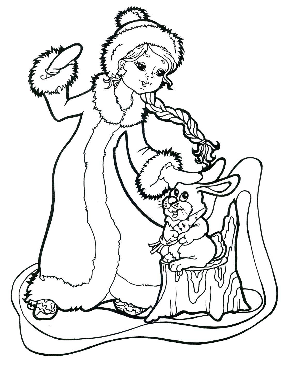 Название: Раскраска Снегурочка с зайчиком. Категория: снегурочка. Теги: Снегурочка, зима, Новый Год.