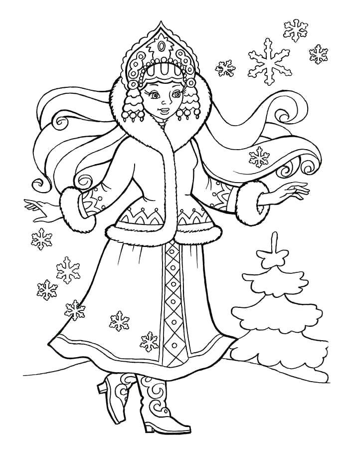 Coloring Snow maiden in the winter forest. Category maiden. Tags:  Snow maiden, winter, New Year, forest.