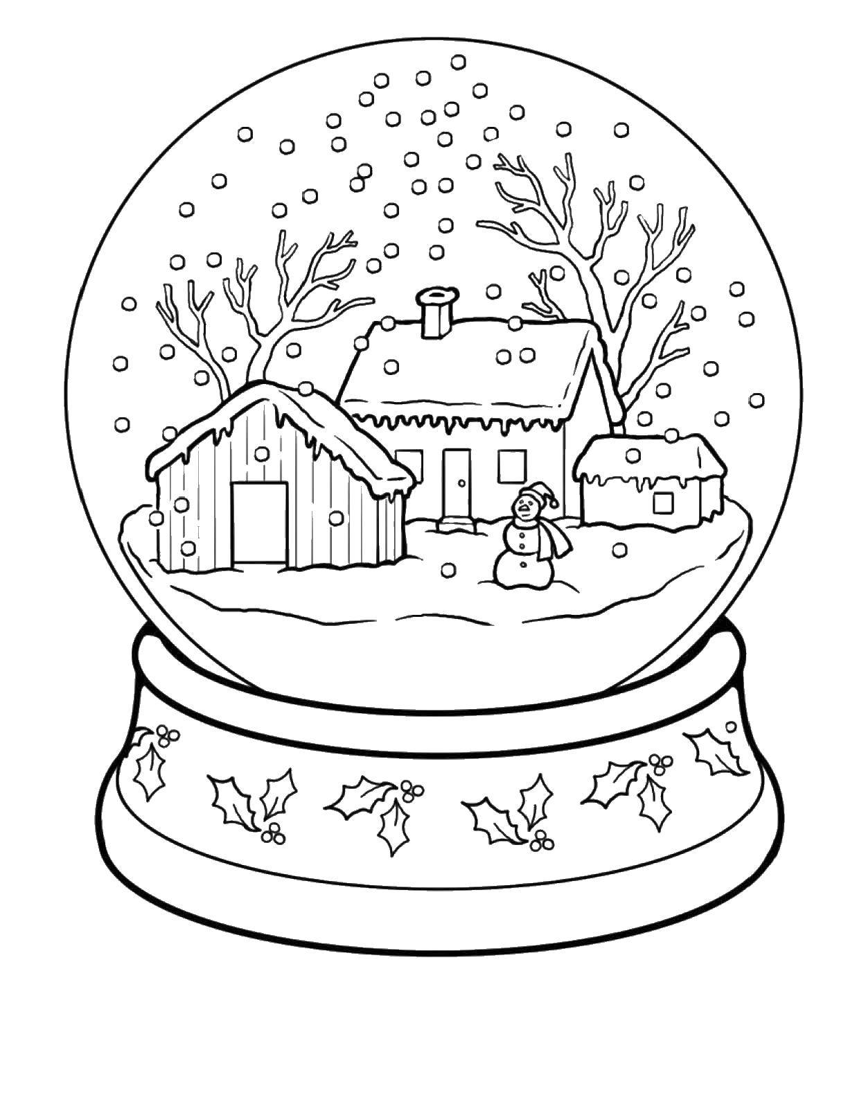 Розмальовки  Кулька з будиночками всередині. Завантажити розмальовку будинок, зима, куля.  Роздрукувати ,зима,