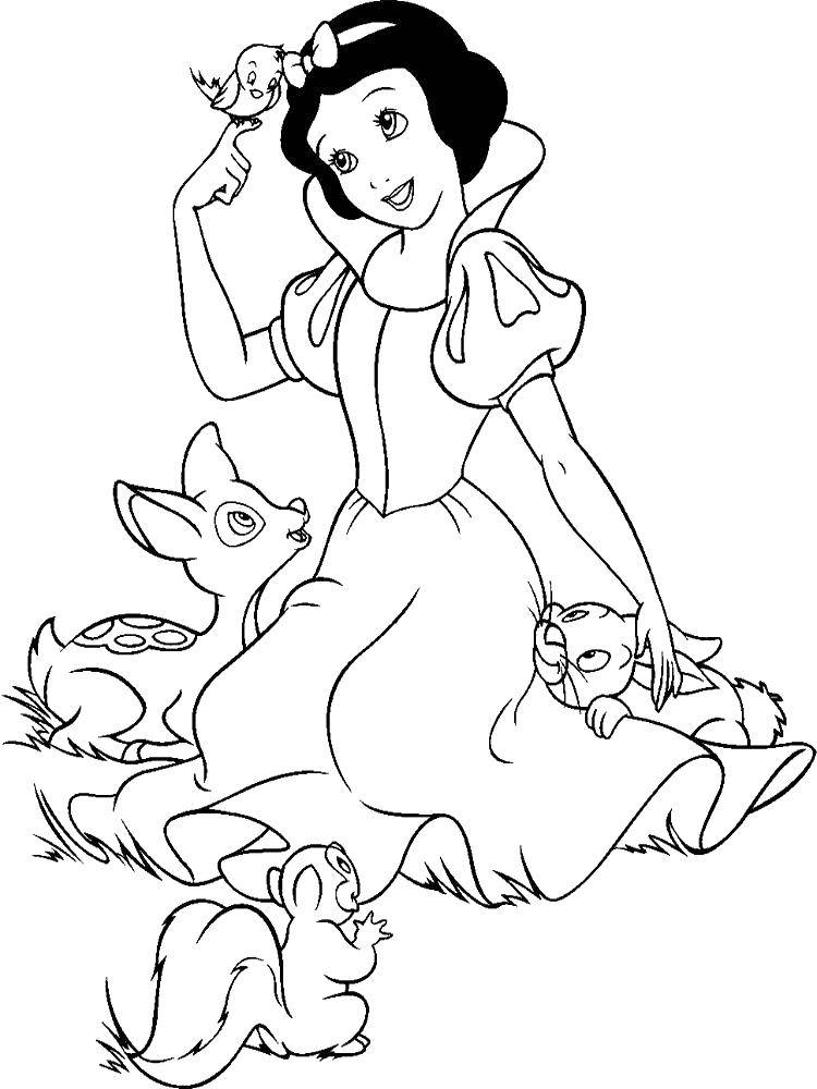 Coloring Snow white with friends animals. Category Disney coloring pages. Tags:  Disney, Snow White.