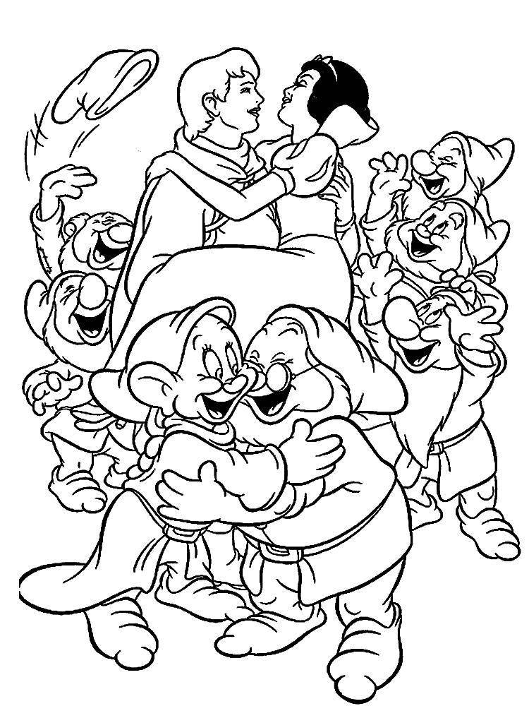 Coloring Snow white with Prince and the 7 dwarfs. Category Cartoon character. Tags:  Cartoon character, Snow white, Dwarves.