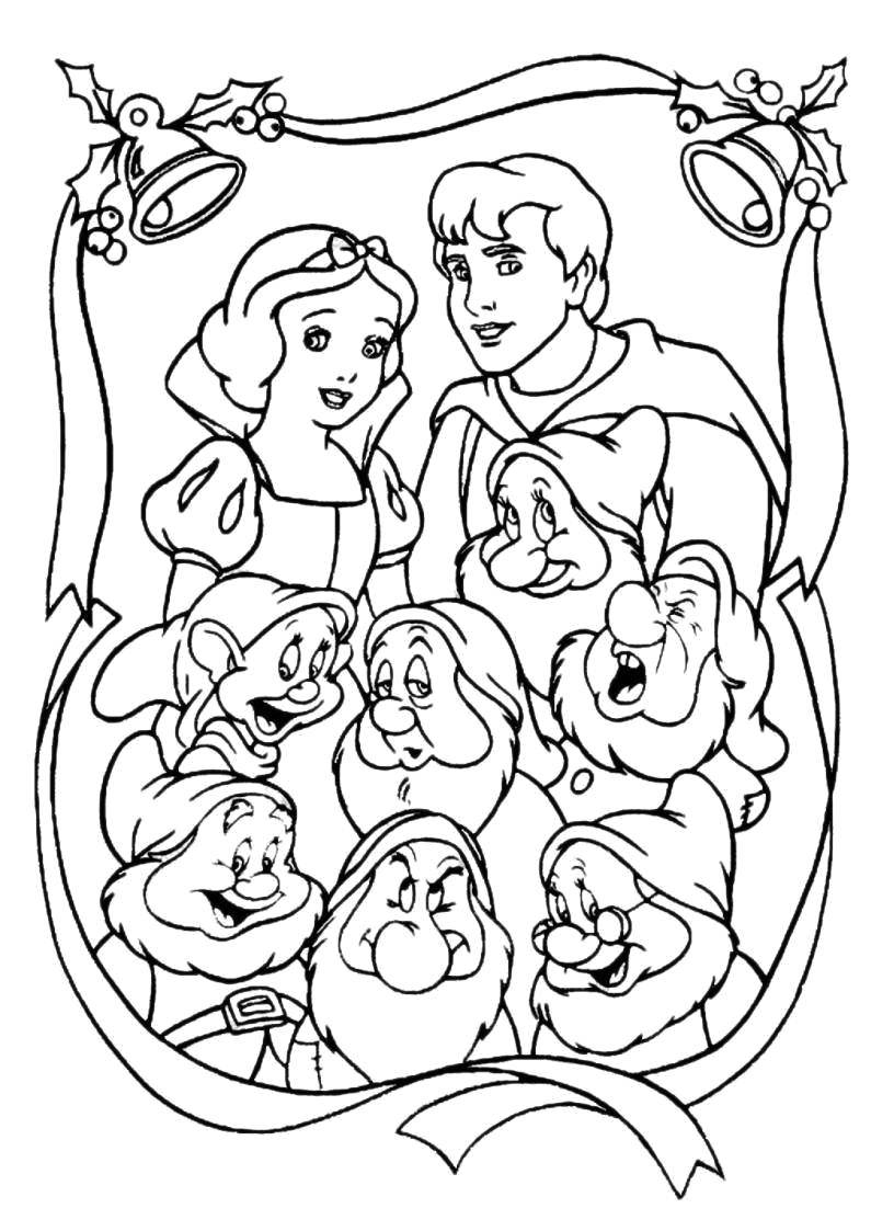 Coloring Snow white with Prince and the 7 dwarfs. Category Cartoon character. Tags:  Cartoon character, Snow white, Dwarves.