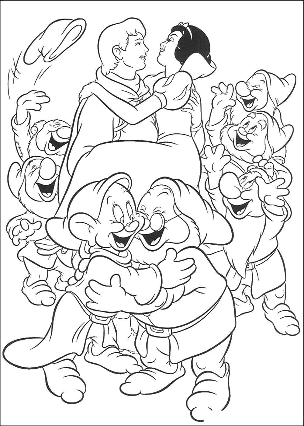Coloring Snow white with Prince and the 7 dwarfs. Category gnomes. Tags:  Disney, Snow White.