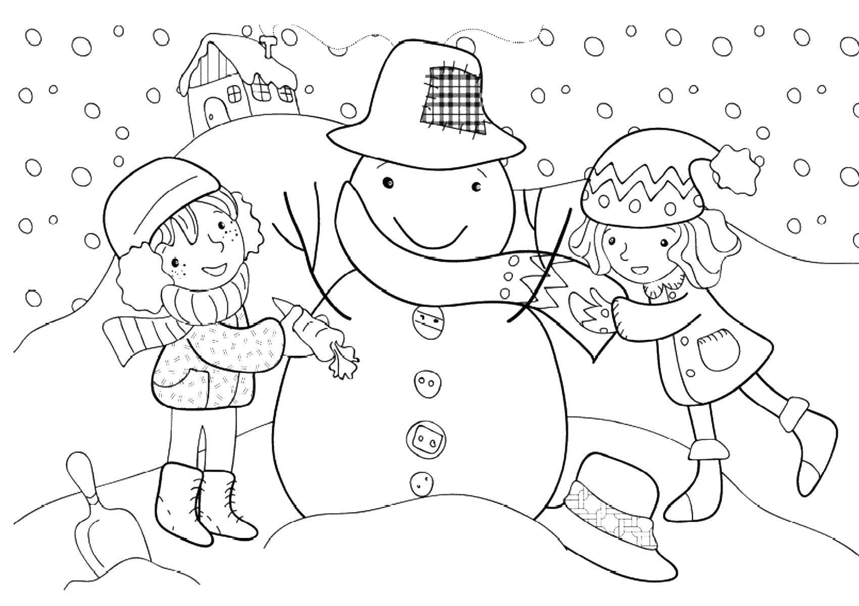 Раскраска Дети лепят Снеговика | Раскраски снеговики. Зимние новогодние раскраски снеговиков