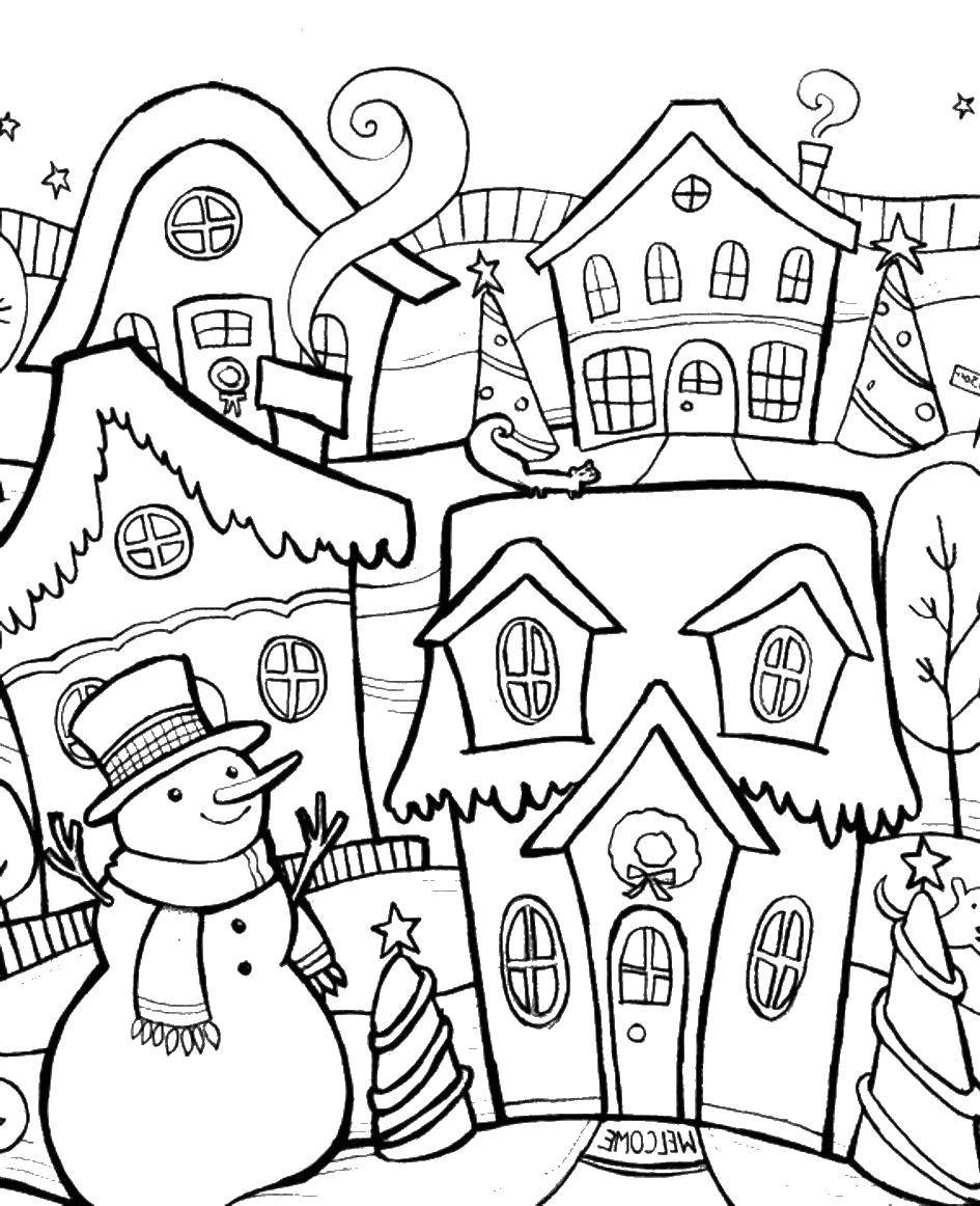 Coloring The city before the new year. Category winter. Tags:  snowman, winter, new year.