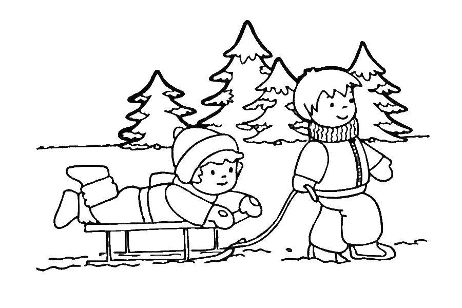 Coloring Boys sledding. Category People. Tags:  sled, children.