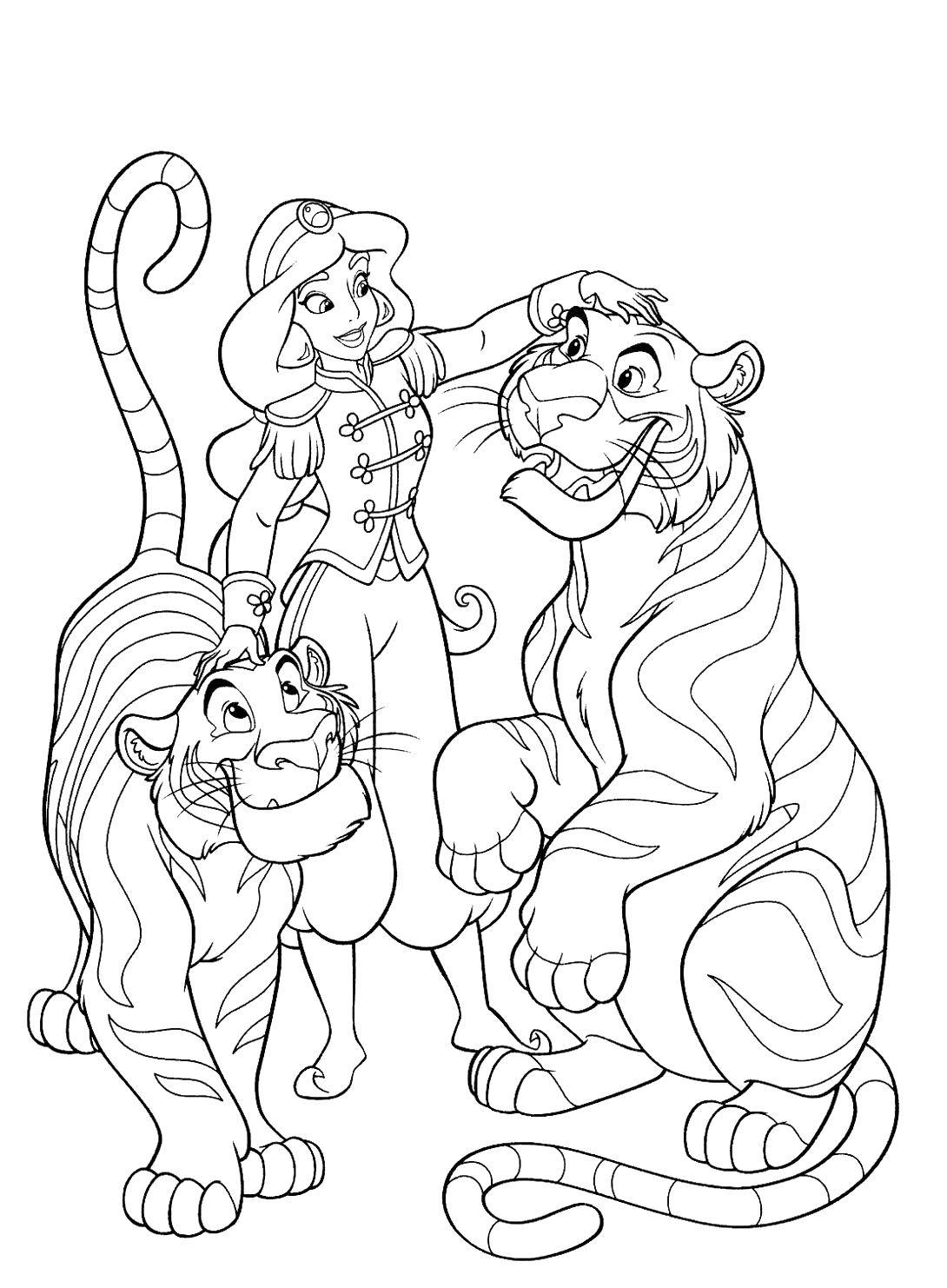 Название: Раскраска Жасмин и тигрята. Категория: алладин. Теги: Дисней, Алладин, Жасмин.