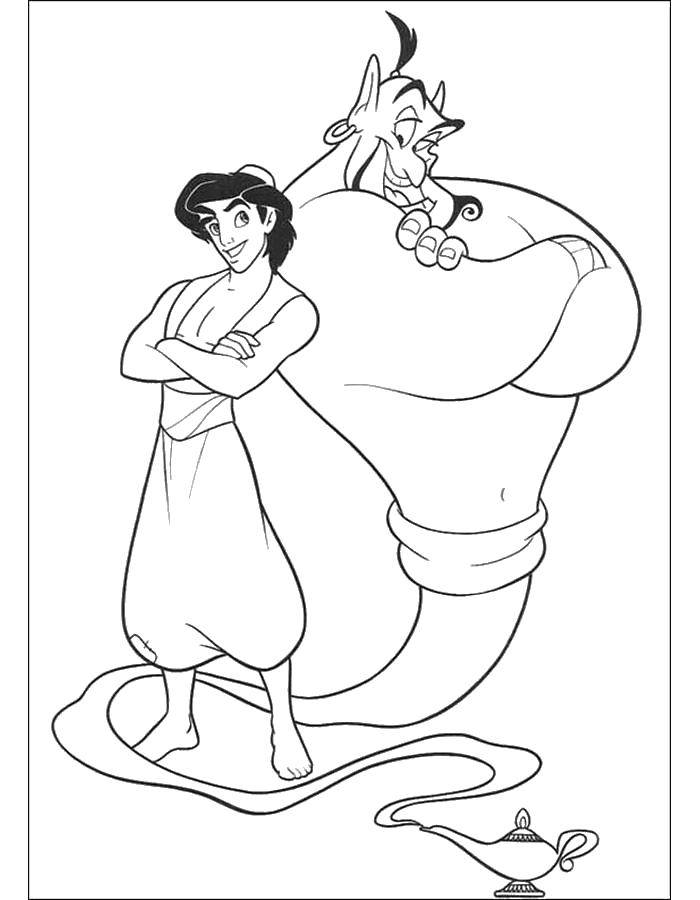 Coloring Aladdin with a Genie. Category Disney coloring pages. Tags:  Disney, Aladdin, Jasmine, Genie.