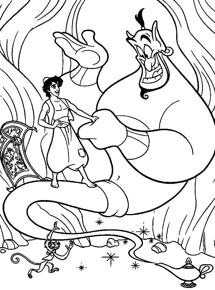 Coloring Aladdin with a Genie. Category Cartoon character. Tags:  Disney, Aladdin, Jasmine, Genie.