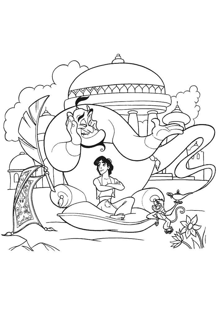 Coloring Aladdin with a Genie. Category Disney coloring pages. Tags:  Disney, Aladdin, Jasmine, Genie.