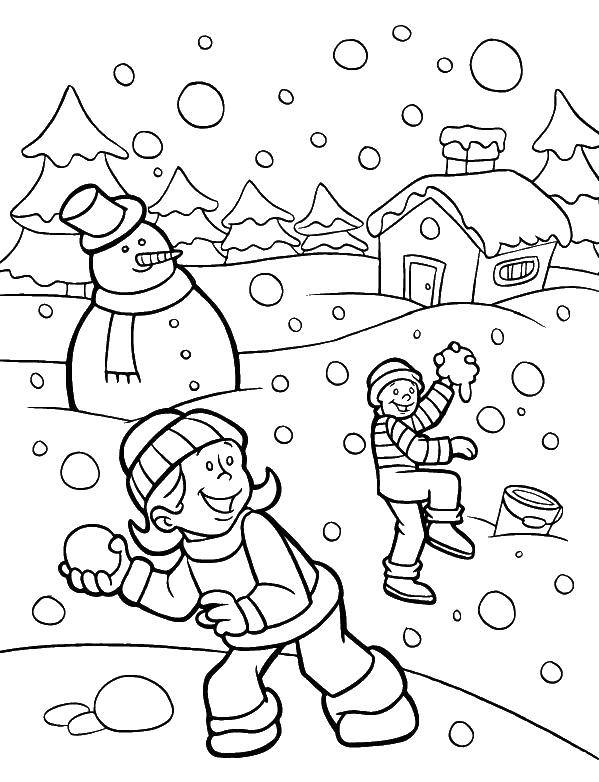 Название: Раскраска Дети играют в снежки. Категория: Люди. Теги: снег, дети.