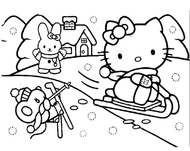 Coloring Kitty sledding with friends. Category winter. Tags:  kitty, sled.