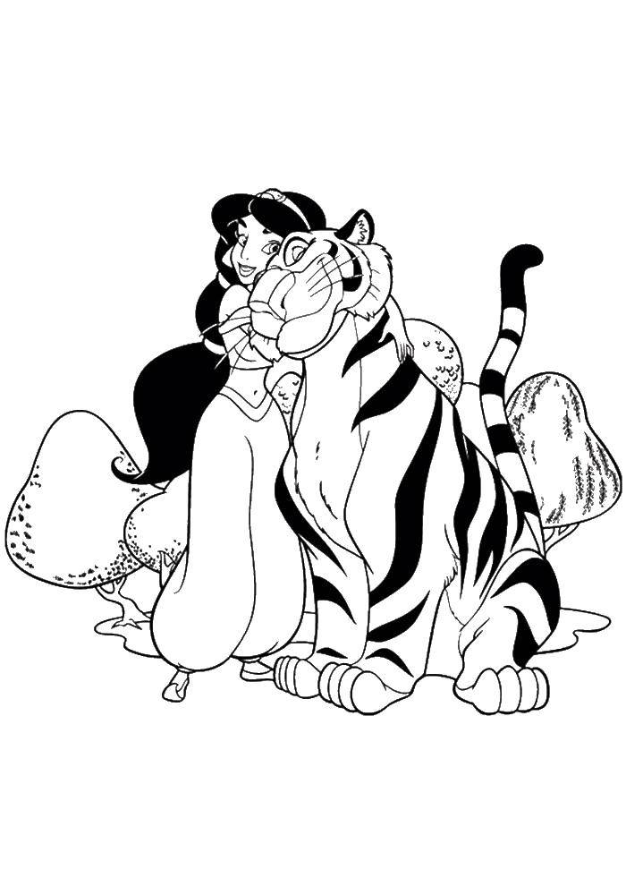 Coloring Jasmine and tiger. Category Disney coloring pages. Tags:  Disney, Aladdin, Jasmine.