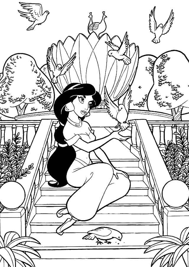 Coloring Jasmine with bird. Category Disney coloring pages. Tags:  Disney, Aladdin, Jasmine.