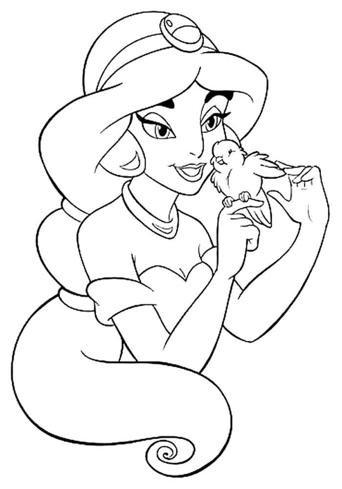 Название: Раскраска Жасмин с птичкой. Категория: Персонаж из мультфильма. Теги: Дисней, Алладин, Жасмин.