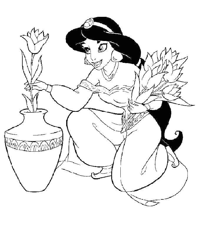 Coloring Jasmine with flowers. Category Aladdin. Tags:  Disney, Aladdin, Jasmine.