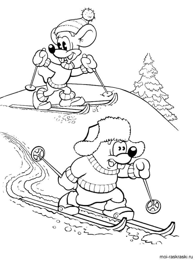 Название: Раскраска Мыши катаются на лыжах с горки. Категория: зима. Теги: лыжи, мыши.