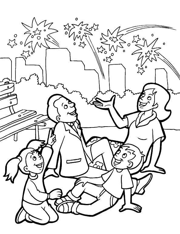 Coloring Family watching fireworks. Category coloring to the victory day. Tags:  Greeting, may 9, Victory Day.