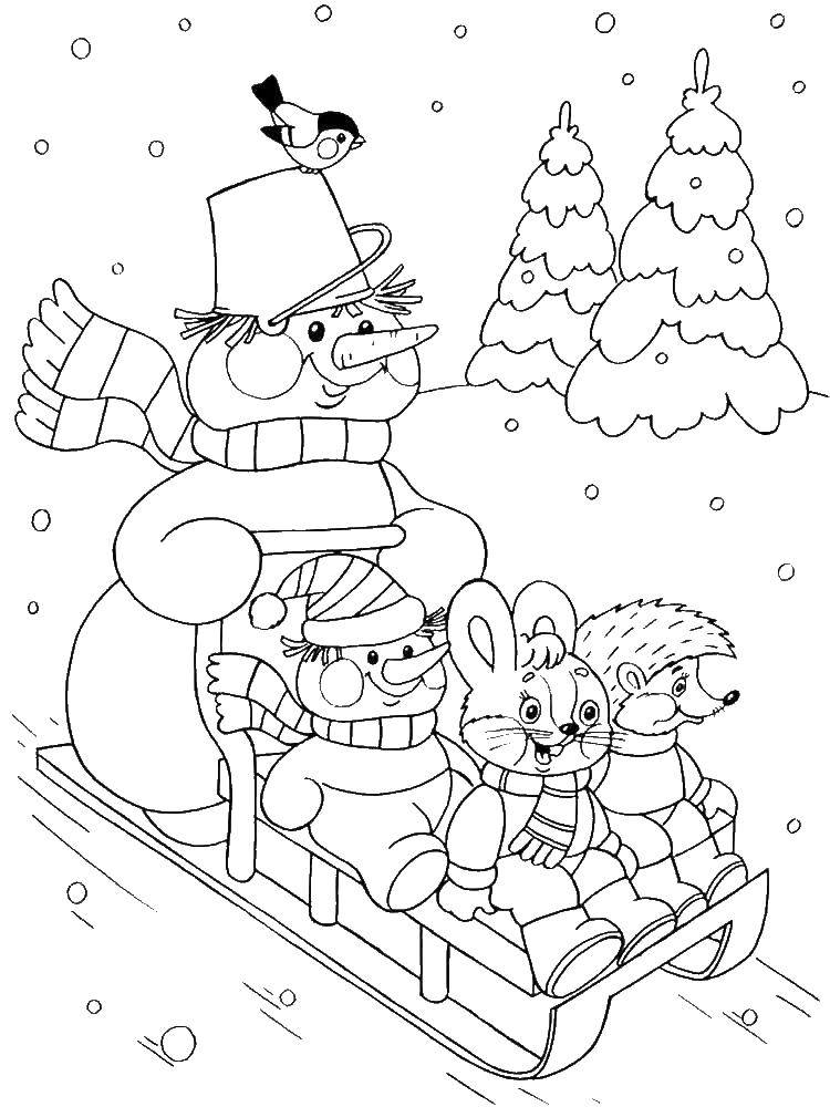 Coloring Snowman rolls the animals on a sled. Category winter. Tags:  forest, snowman.