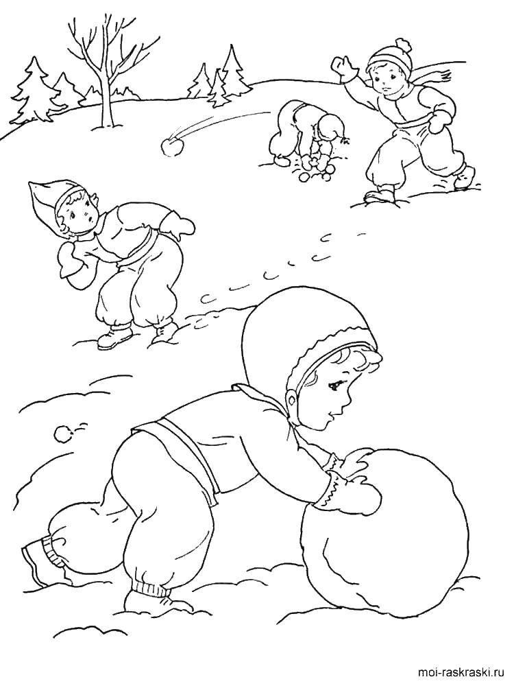 Название: Раскраска Дети катают снеговика. Категория: Люди. Теги: снеговик, дети.