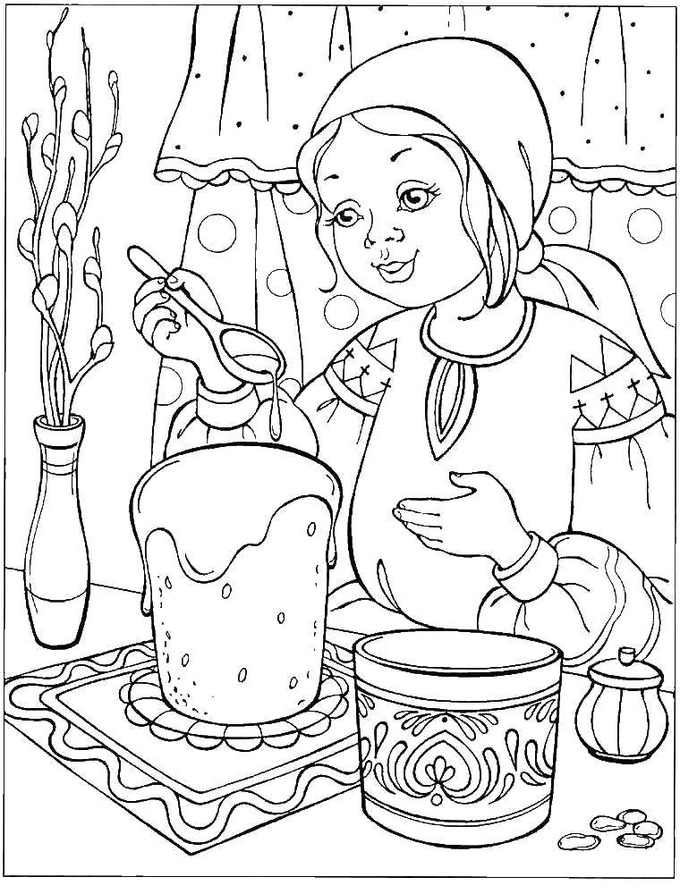 Coloring Girl decorates the cakes. Category coloring Easter. Tags:  Easter, Eastern.