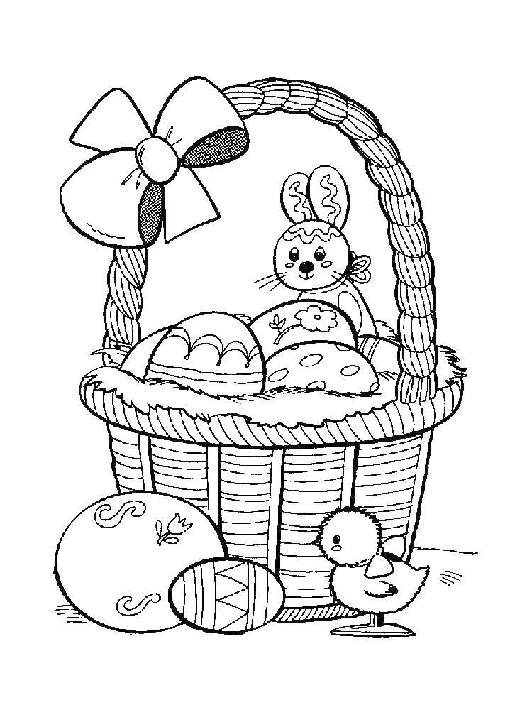 Название: Раскраска Корзиночка с пасхальными яйцами и зайчиком. Категория: раскраски пасха. Теги: Пасха, яйца, узоры, зайчик.