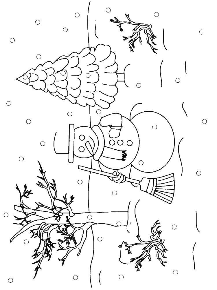 Название: Раскраска Снеговик в лесу. Категория: зима. Теги: снеговик.