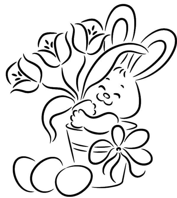 Название: Раскраска Зайчик в цветочках на пасху. Категория: раскраски пасха. Теги: Пасха, яйца, узоры, зайчик.