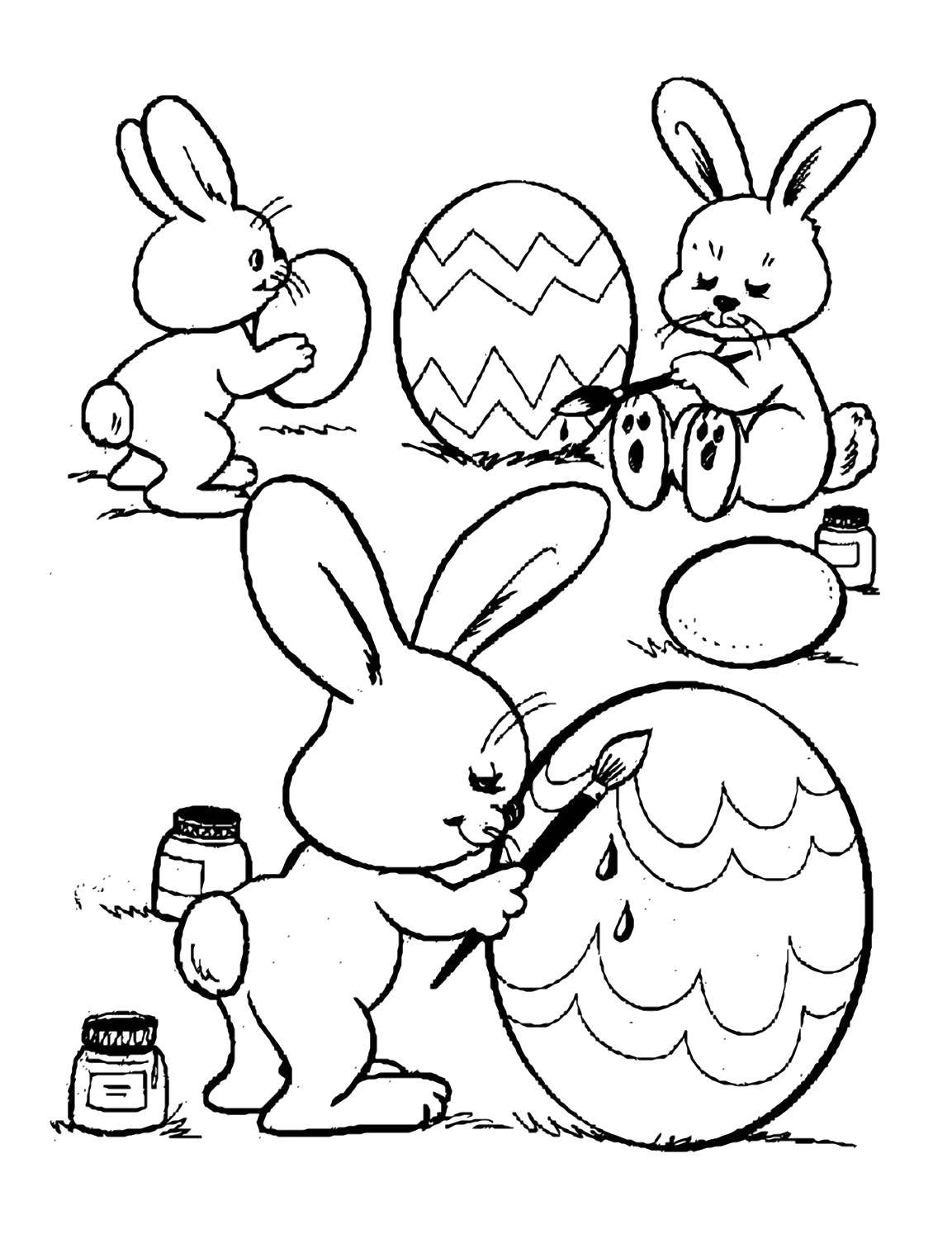 Название: Раскраска Зайчики красят яйца на пасху. Категория: раскраски пасха. Теги: Пасха, яйца, узоры, зайчик.